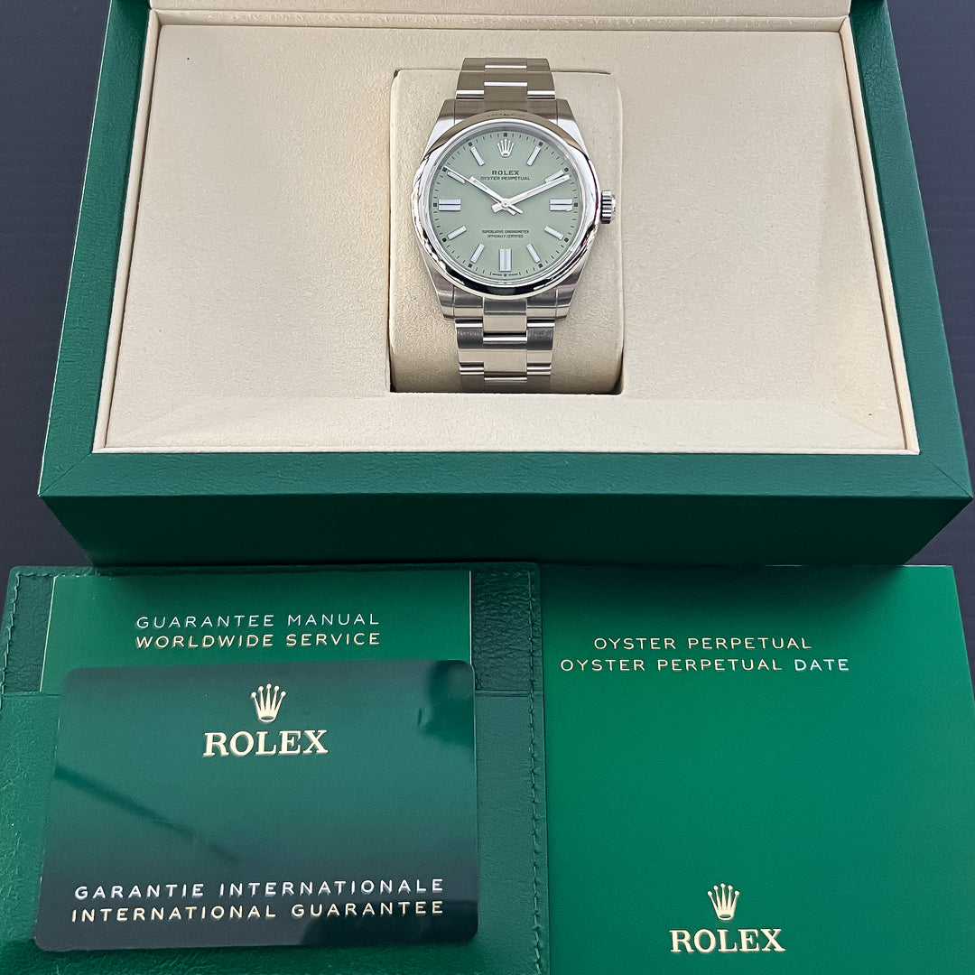 Rolex Oyster Perpetual41 41mm Steel Pistachio Dial Stick Markers 2025 Ref m134300-0006 (#1069)