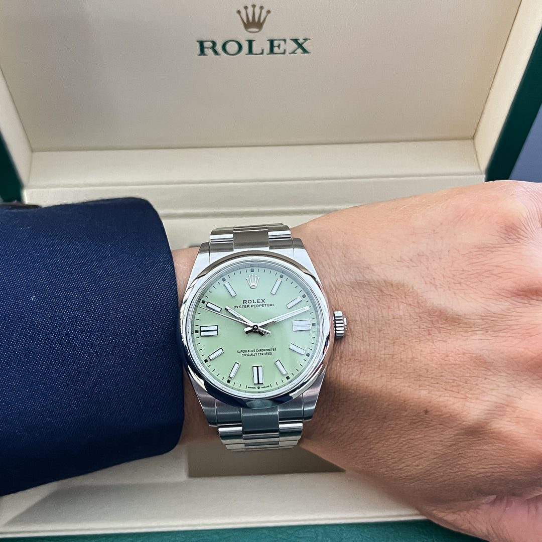 Rolex Oyster Perpetual41 41mm Steel Pistachio Dial Stick Markers 2025 Ref m134300-0006 (#1069)