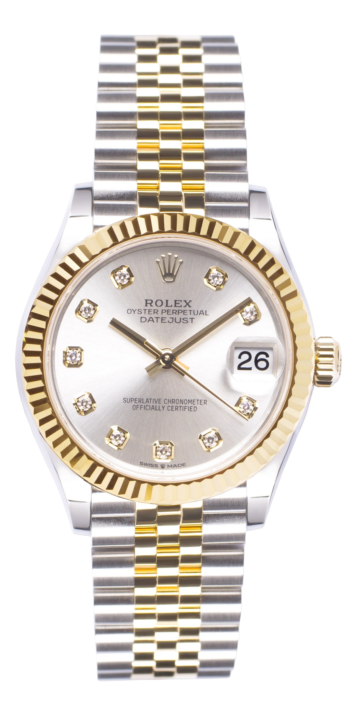 Rolex Datejust watch with a two-tone stainless steel and gold bracelet, a fluted gold bezel, and a white dial with diamond hour markers.