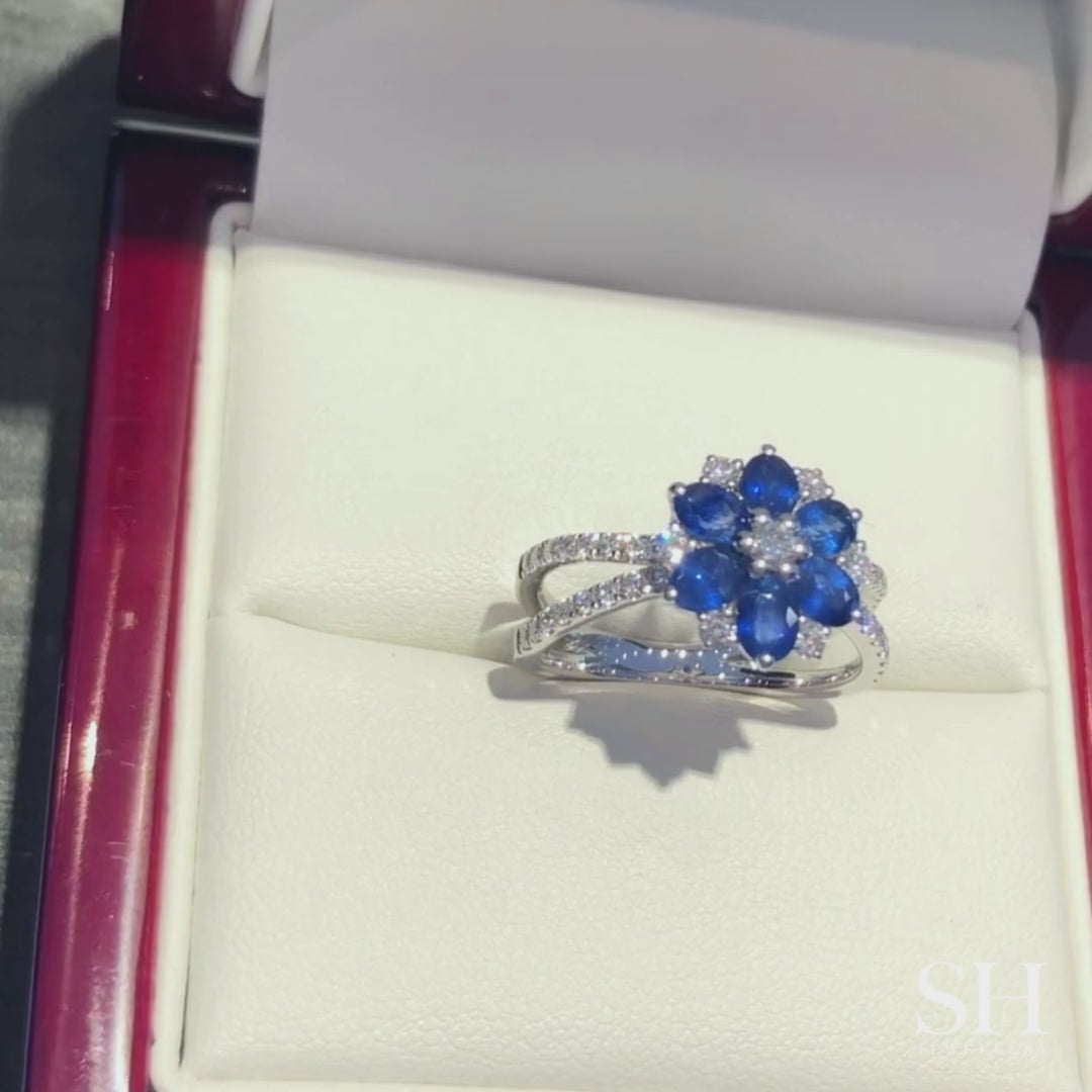 Sapphire and Diamond Blossom Ring with Twin-Pavé band (medium) - W1006