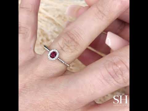 Oval Ruby Halo Ring with Rope Twist Band - W0839 — 18kt White Gold (Clearance)