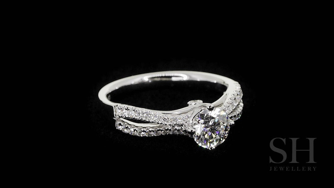 Modern 4-Claw engagement ring with bow-shaped pavé set band - W0026 (Lab Grown)