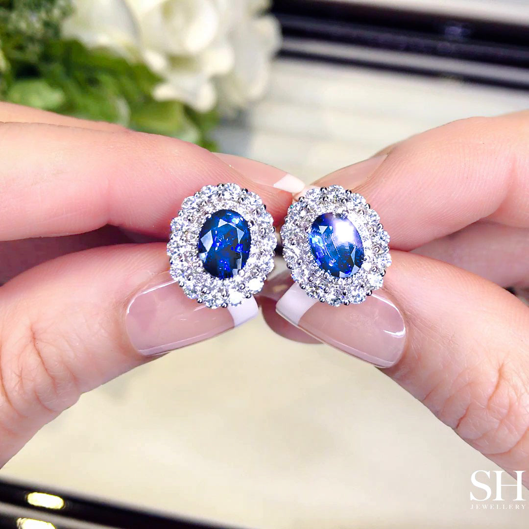 Oval Shaped Sapphire with Diamond Cluster Halo Earrings