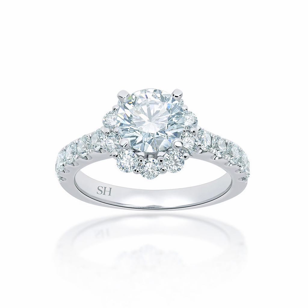 Floral halo style engagement ring with pav set band SH Jewellery