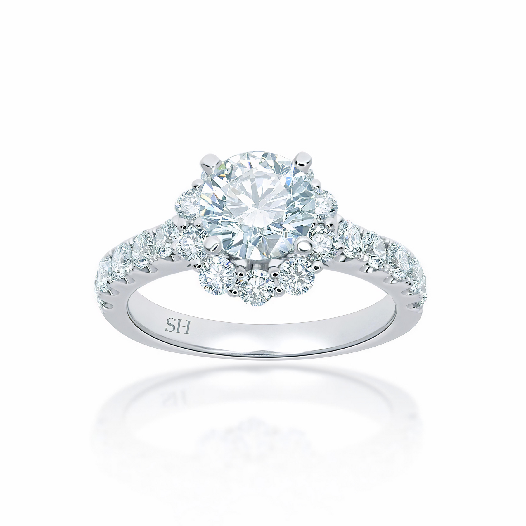 Floral halo style engagement ring with pav set band SH Jewellery