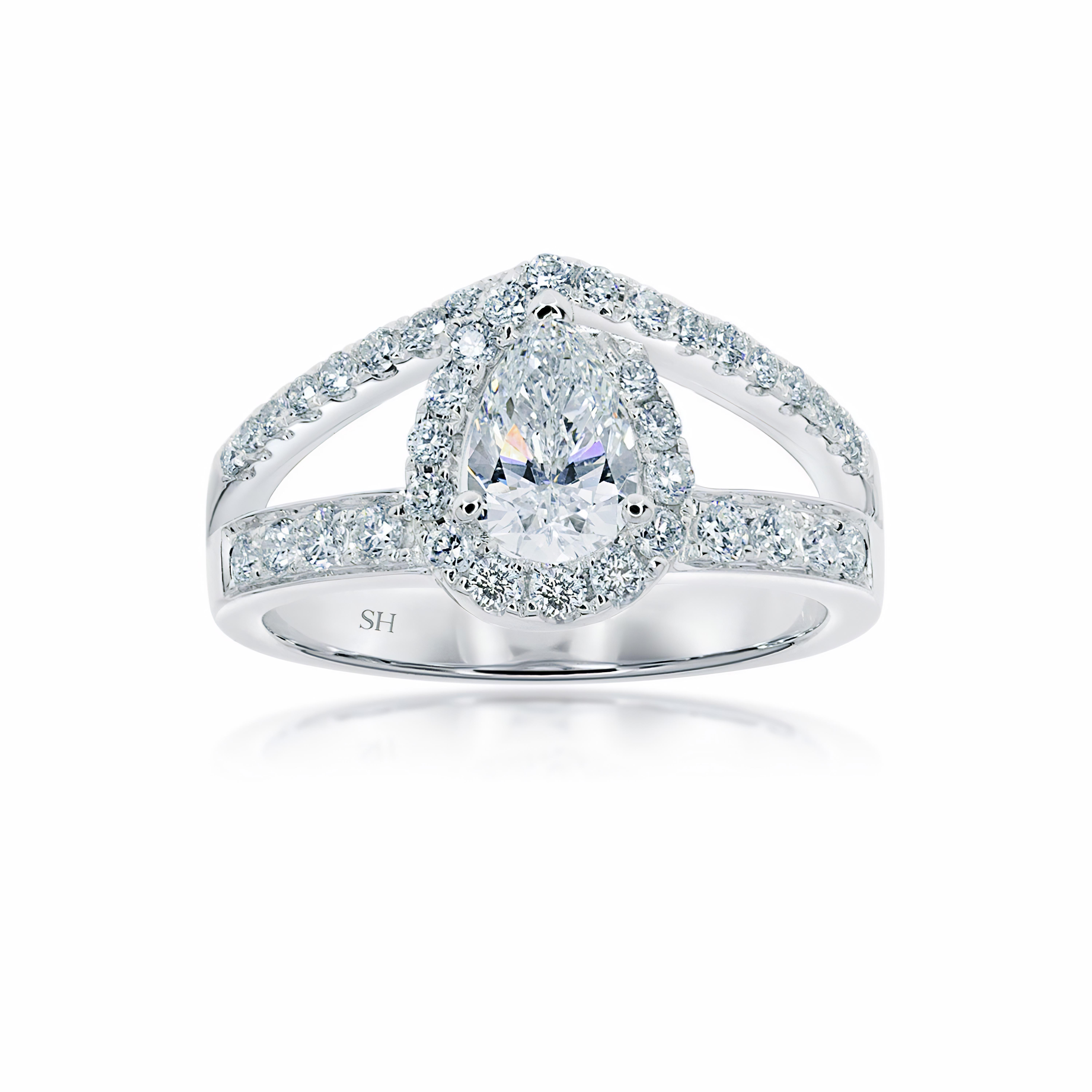 Modern Pear Shape Halo Ring with Pave Set Double Band – SH Jewellery