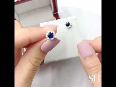 Pretty Royal Blue Sapphire and Diamond Halo Stud Earrings - W0310