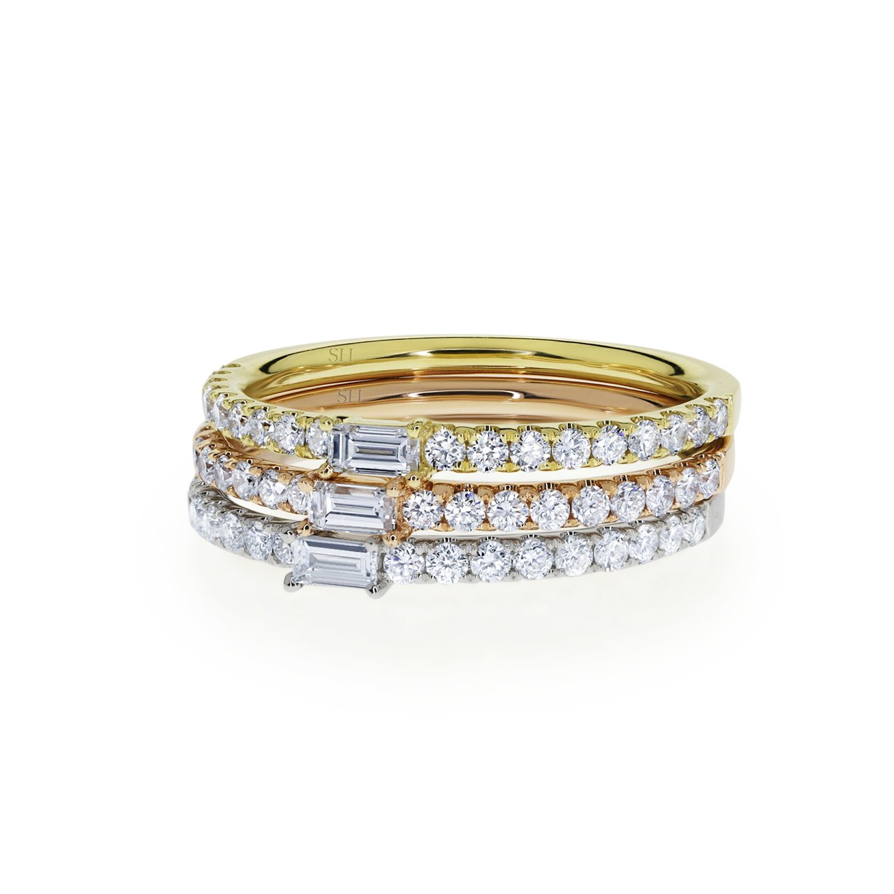 Modern tri gold three ring diamond stacker set – SH Jewellery